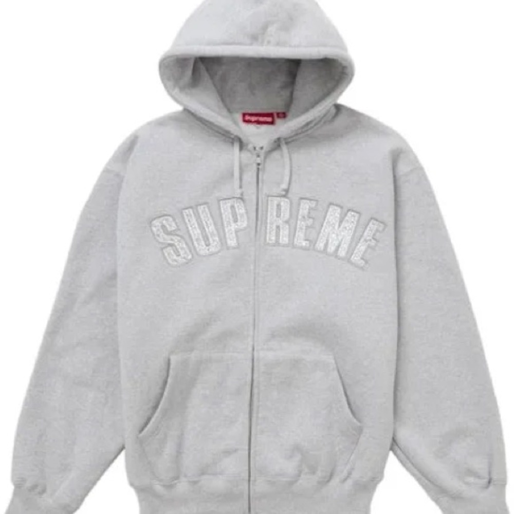 Supreme New York B.B Simon Gray Light Gray Zip-Up Hoodie Studded Whte XLarge NWT